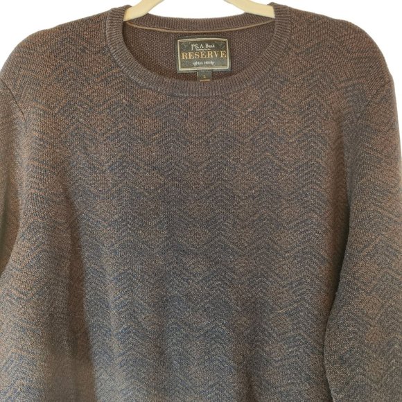 Jos A Bank Reserve Lambs Wool Crewneck Sweater Brown & Black Herringbone Large - Picture 7 of 11